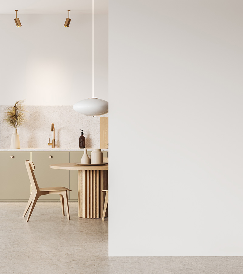 modern kitchen with minimalist design featuring a round wooden table with two chairs and elegant decor elements